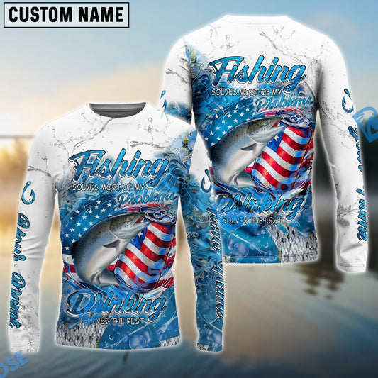 Bluejose Salmon Fishing Beer & Fishing Flag Quote ‚ÄúFishing solves most of my problems, drinking solves the rest‚Äù Dynamic Strike Pattern Custom Name & Team Name 3D Shirts