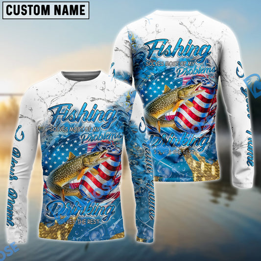 Bluejose Pike Fishing Beer & Fishing Flag Quote ‚ÄúFishing solves most of my problems, drinking solves the rest‚Äù Dynamic Strike Pattern Custom Name & Team Name 3D Shirts