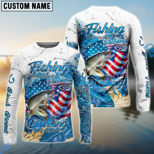 Bluejose Musky Fishing Beer & Fishing Flag Quote ‚ÄúFishing solves most of my problems, drinking solves the rest‚Äù Dynamic Strike Pattern Custom Name & Team Name 3D Shirts