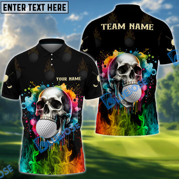 BlueJose Flaming Golf Skull Polo Shirt, Custom Name & Team Name 3D Shirts