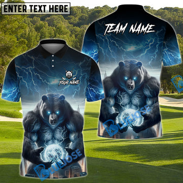 BlueJose Thunder Bear Golf Polo Funny Golf Polo Shirt, Customized Name & Team Name 3D Shirts (4 Colors)