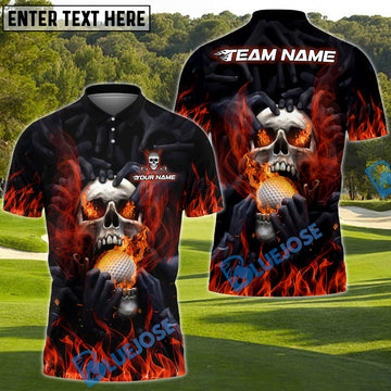 BlueJose Flaming Skull Golf Polo Shirt, Customized Name & Team Name 3D Shirts (4 Colors)