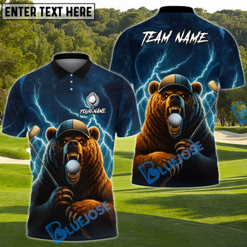 BlueJose Thunder Bear Golf Polo Shirt, Customized Name & Team Name 3D Shirts (4 Colors)