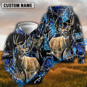 BlueJose Blue Camo Deer Hunter Hoodie Personalized 3D Hoodie For Hunting Lover