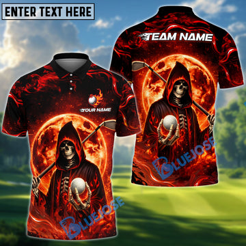 BlueJose Grim Reaper Fire Golf Polo Shirt, Customized Name & Team Name 3D Shirts (4 Colors)