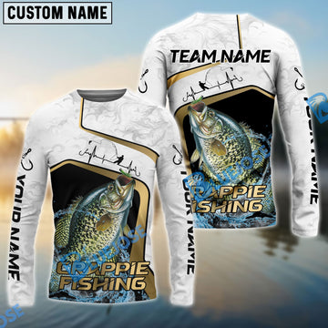 Bluejose Crappie Fishing White Marble & Gold Trim Splash Heartbeat Line Custom Name & Team Name 3D Shirts