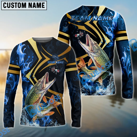 Bluejose Pike Fishing Blue Ocean Wave & Gold Geometric Custom Name & Team Name 3D Shirts