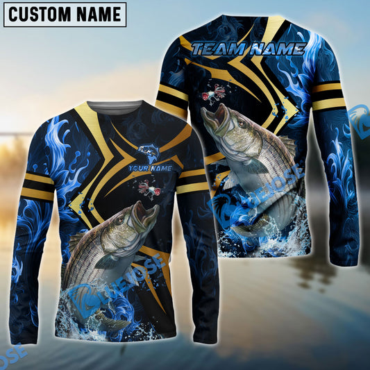 Bluejose Striped Bass Fishing Blue Ocean Wave & Gold Geometric Custom Name & Team Name 3D Shirts