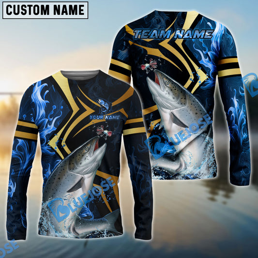 Bluejose Salmon Fishing Blue Ocean Wave & Gold Geometric Custom Name & Team Name 3D Shirts
