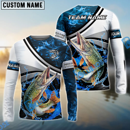 Bluejose Pike Fishing Grey Diagonal Stripe & Blue Flame Water Splash Custom Name & Team Name 3D Shirts