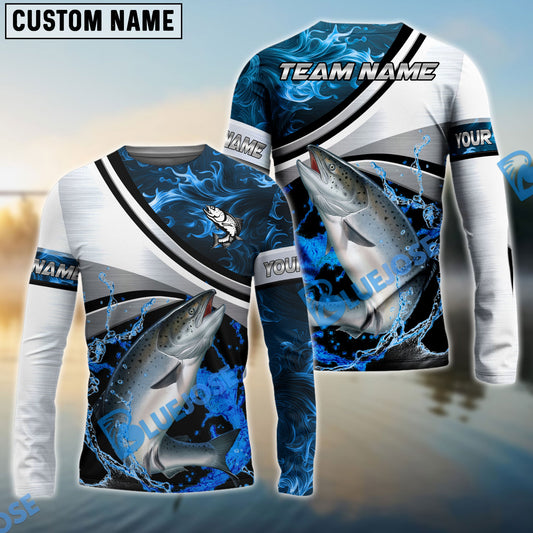 Bluejose Salmon Fishing Grey Diagonal Stripe & Blue Flame Water Splash Custom Name & Team Name 3D Shirts