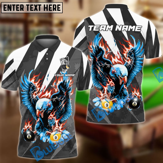 BlueJose Billiards Ball 8 & 9 Flame Soaring Eagle American Flag Customized Name, Team Name 3D Shirt (6 Colors)