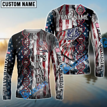 Bluejose Walleye Fishing American Flag Smoke & Red DNA Helix Firefighter Icons Custom Name & Team Name 3D Shirts