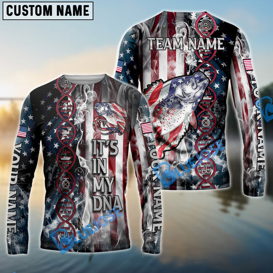 Bluejose Crappie Fishing American Flag Smoke & Red DNA Helix Firefighter Icons Custom Name & Team Name 3D Shirts