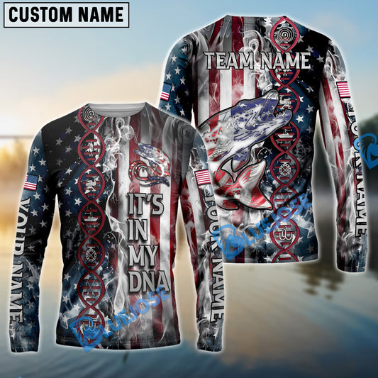 Bluejose Pike Fishing American Flag Smoke & Red DNA Helix Firefighter Icons Custom Name & Team Name 3D Shirts