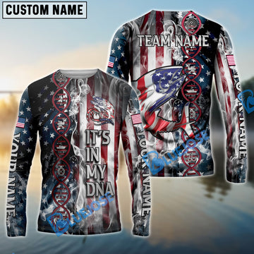 Bluejose Tuna Fishing American Flag Smoke & Red DNA Helix Firefighter Icons Custom Name & Team Name 3D Shirts