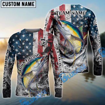 Bluejose Tuna Fishing American Flag Vintage Splash Art Custom Name & Team Name 3D Shirts