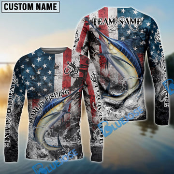 Bluejose Marlin Fishing American Flag Vintage Splash Art Custom Name & Team Name 3D Shirts