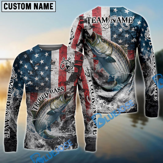 Bluejose Striped Bass Fishing American Flag Vintage Splash Art Custom Name & Team Name 3D Shirts