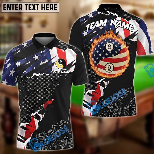 BlueJose Billiards 8&9 Ball Yinyang Ripped American Flag Personalized Shirt