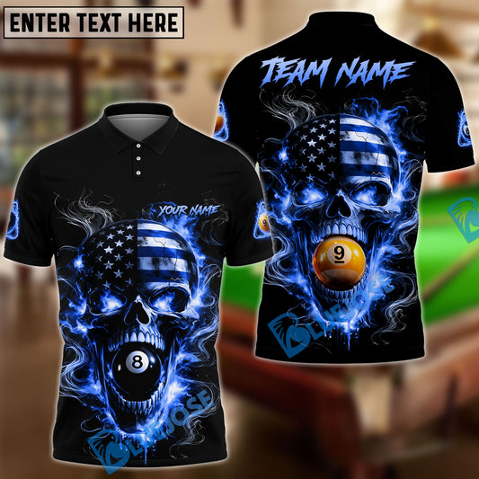 BlueJose Billiards 8 Ball 9 Ball Flame American Flag Skull Customized Name, Team Name 3D Shirt (4 Colors)