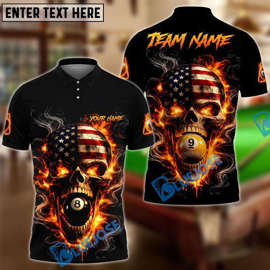 BlueJose Billiards 8 Ball 9 Ball Flame American Flag Skull Customized Name, Team Name 3D Shirt (4 Colors)