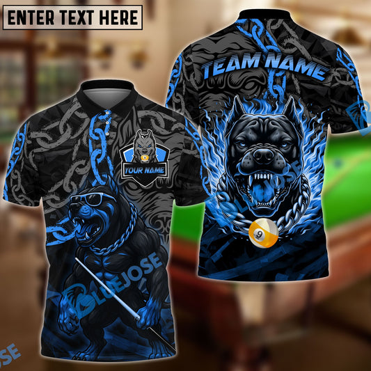 BlueJose Billiards 9-Ball Pitbull Flame Chain Personalized Name Shirt (4 Colors)