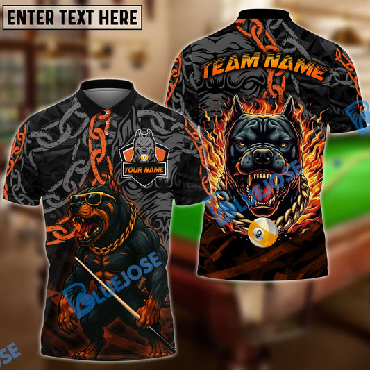 BlueJose Billiards 9-Ball Pitbull Flame Chain Personalized Name Shirt (4 Colors)