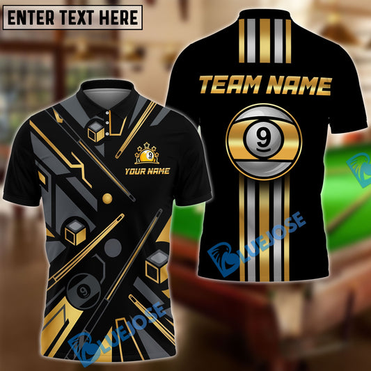 BlueJose Billiards Gold 9 Ball Elite Customized Name, Team Name 3D Shirt (6 Colors)