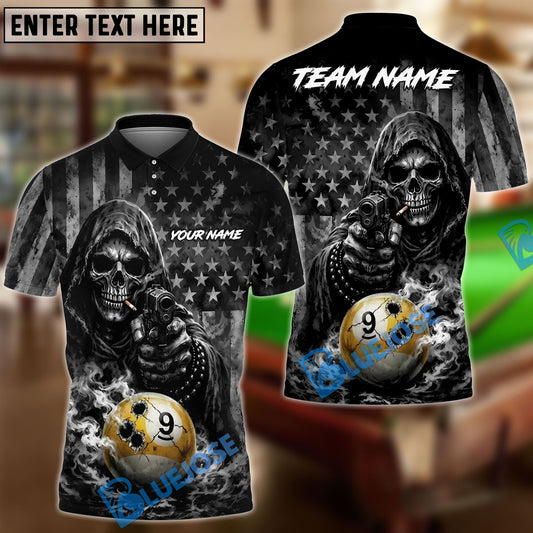 BlueJose Billiards Ball 9 Reaper Bullet Hole US Flag Personalized Shirt (2 Colors)