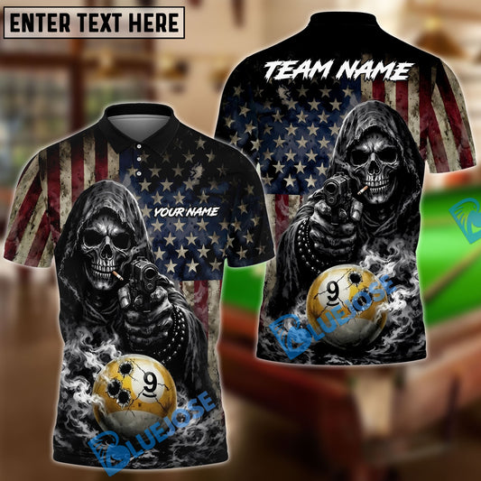 BlueJose Billiards Ball 9 Reaper Bullet Hole US Flag Personalized Shirt (2 Colors)