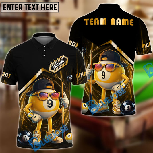 BlueJose Billiards 9 Ball Funny Character Swirl Customized Name, Team Name 3D Shirt (6 Colors)