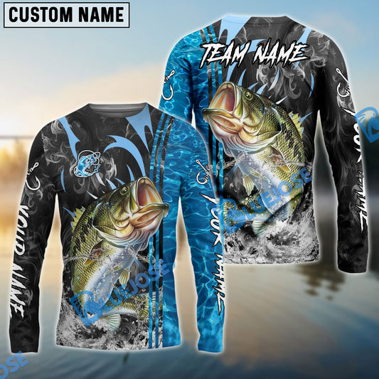 Bluejose Bass Fishing Sparkling Water Smoke Pattern Design Custom Name & Team Name 3D Shirts