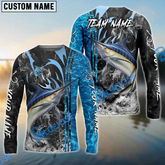 Bluejose Marlin Fishing Sparkling Water Smoke Pattern Design Custom Name & Team Name 3D Shirts