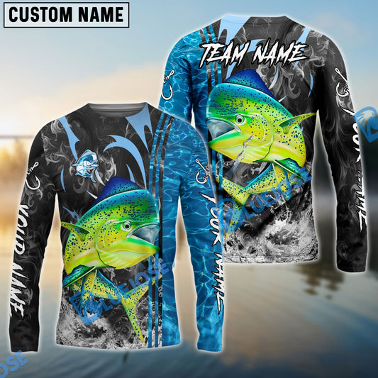 Bluejose Mahi-Mahi Fishing Sparkling Water Smoke Pattern Design Custom Name & Team Name 3D Shirts