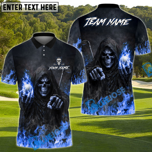 BlueJose Flaming Skull Reaper Golf Polo Shirt Customized Name, Team Name 3D Shirts (4 Colors)