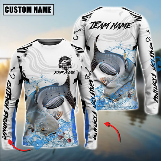 Bluejose Catfish Fishing White Black Curve Pattern Design Custom Name & Team Name 3D Shirts