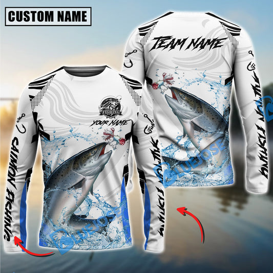 Bluejose Salmon Fishing White Black Curve Pattern Design Custom Name & Team Name 3D Shirts
