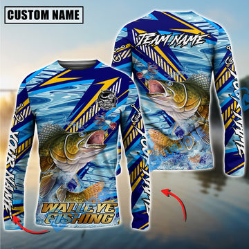 Bluejose Walleye Fishing Yellow Blue Lightning Pattern Design Custom Name & Team Name 3D Shirts