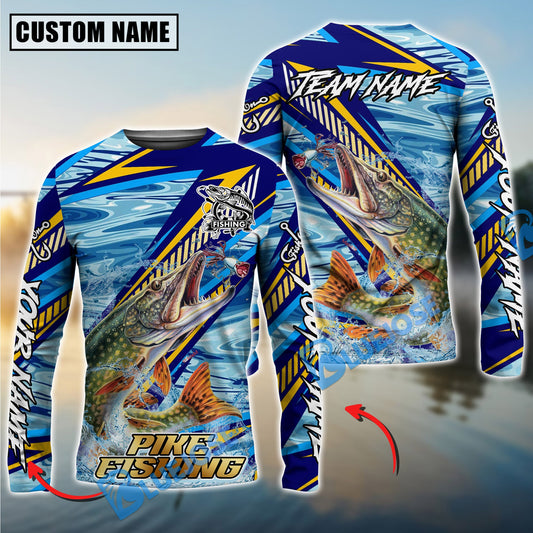 Bluejose Pike Fishing Yellow Blue Lightning Pattern Design Custom Name & Team Name 3D Shirts