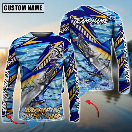 Bluejose Marlin Fishing Yellow Blue Lightning Pattern Design Custom Name & Team Name 3D Shirts