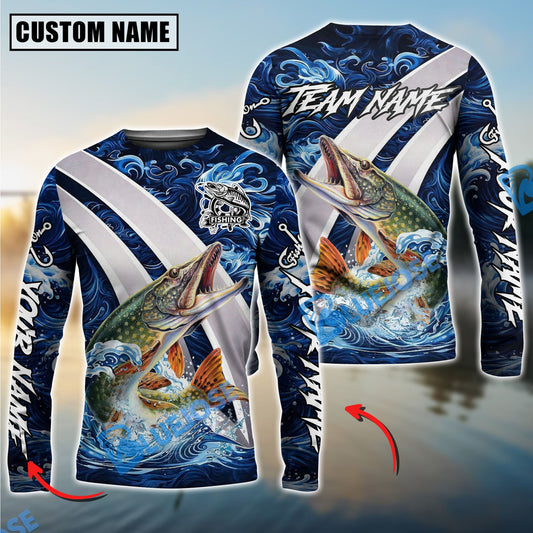 Bluejose Pike Fishing Blue Lava Smoke Silver Line Design Custom Name & Team Name 3D Shirts
