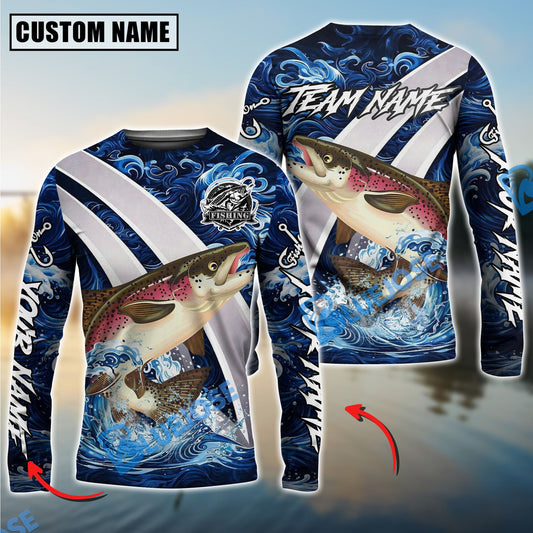 Bluejose Salmon Fishing Blue Lava Smoke Silver Line Design Custom Name & Team Name 3D Shirts
