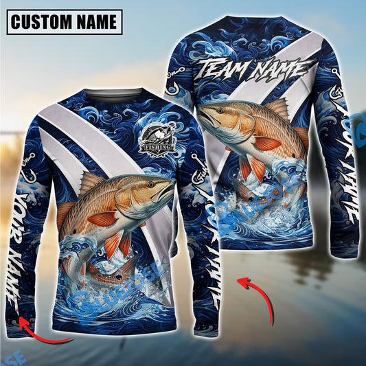 Bluejose Redfish Fishing Blue Lava Smoke Silver Line Design Custom Name & Team Name 3D Shirts
