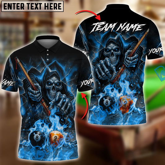 BlueJose Billiards 8 Ball 9 Ball Flame Reaper Cue Breaking Glass Personalized Name Shirt (4 Colors)
