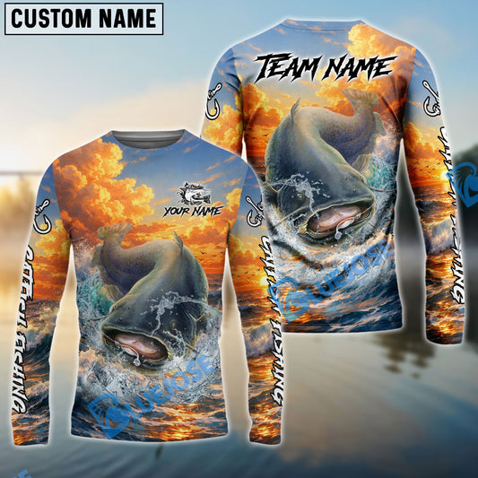 Bluejose Catfish Fishing Ocean Sunset Wave Custom Name & Team Name 3D Shirts