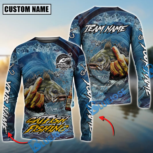 Bluejose Catfish Fishing Seawave Stinky Finger Smoking Beer Custom Name & Team Name 3D Shirts