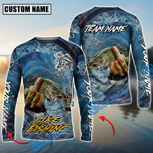Bluejose Pike Fishing Seawave Stinky Finger Smoking Beer Custom Name & Team Name 3D Shirts
