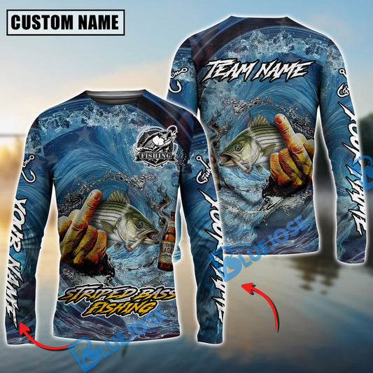 Bluejose Striped Bass Fishing Seawave Stinky Finger Smoking Beer Custom Name & Team Name 3D Shirts