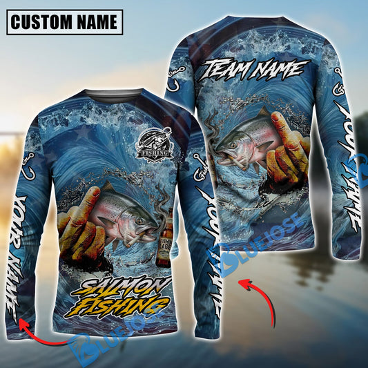 Bluejose Salmon Fishing Seawave Stinky Finger Smoking Beer Custom Name & Team Name 3D Shirts